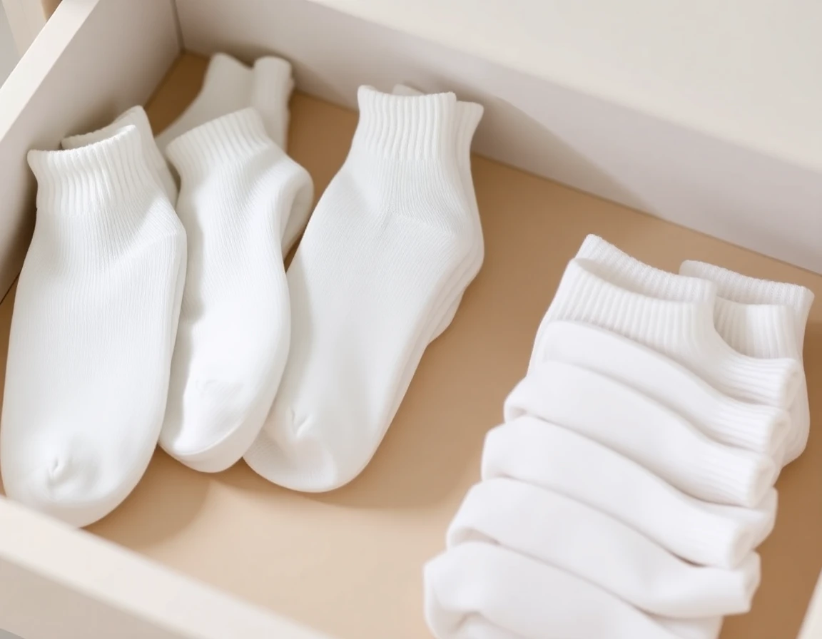 Ordentliche Schublade voller gefalteter weißer Tennissocken